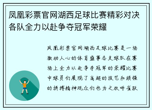 凤凰彩票官网湖西足球比赛精彩对决各队全力以赴争夺冠军荣耀