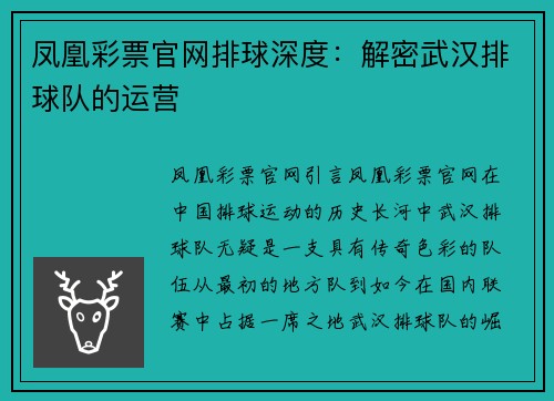 凤凰彩票官网排球深度：解密武汉排球队的运营