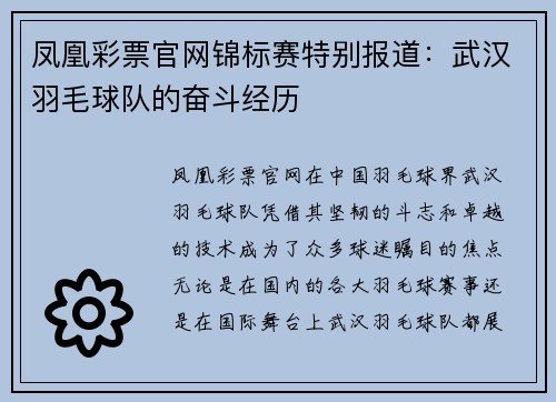 凤凰彩票官网锦标赛特别报道：武汉羽毛球队的奋斗经历
