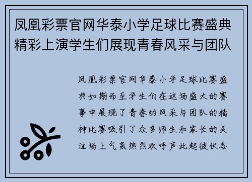 凤凰彩票官网华泰小学足球比赛盛典精彩上演学生们展现青春风采与团队精神